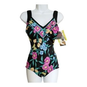 NWT Sea Queen black floral one piece bathing suit size 10